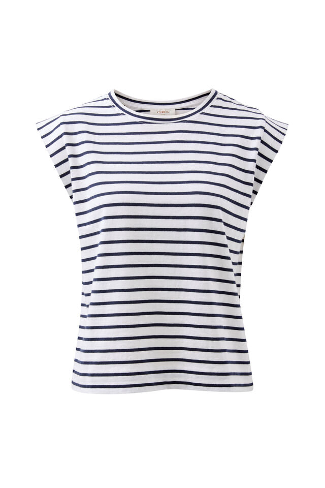 Ceres Life - Extend Shoulder Tee - White/French Navy Stripe