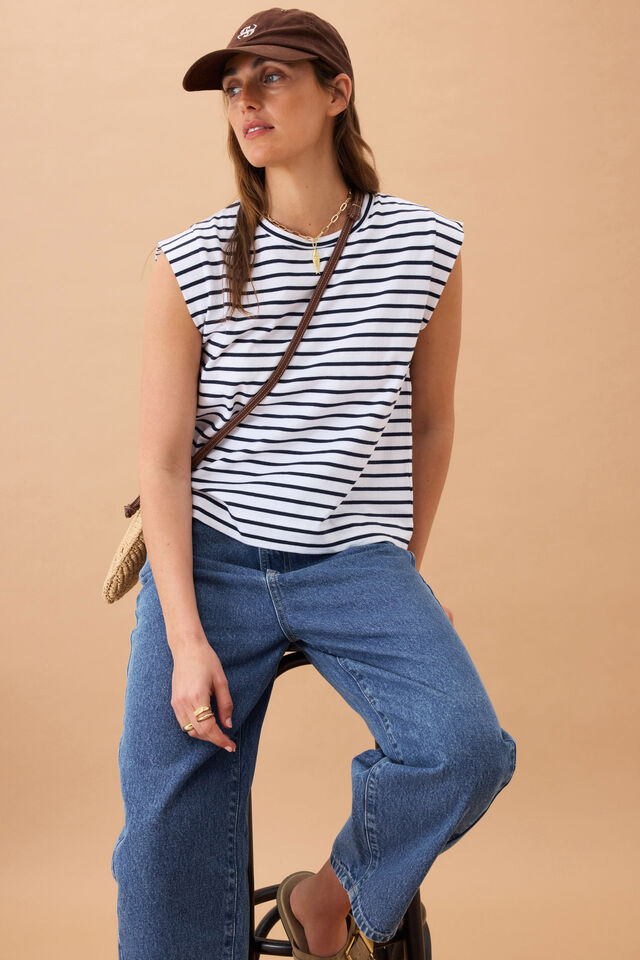 Ceres Life - Extend Shoulder Tee - White/French Navy Stripe