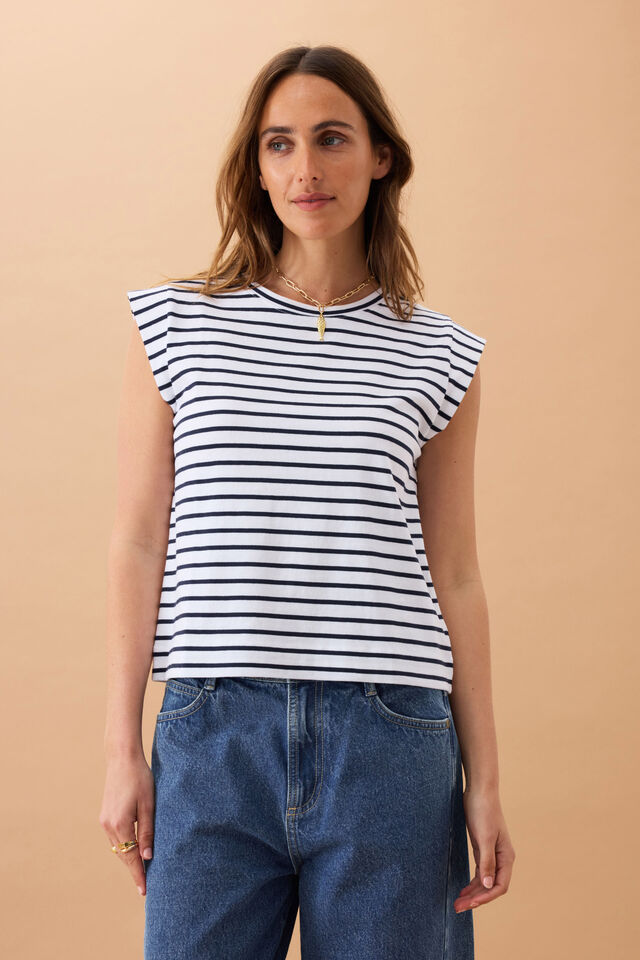 Ceres Life - Extend Shoulder Tee - White/French Navy Stripe