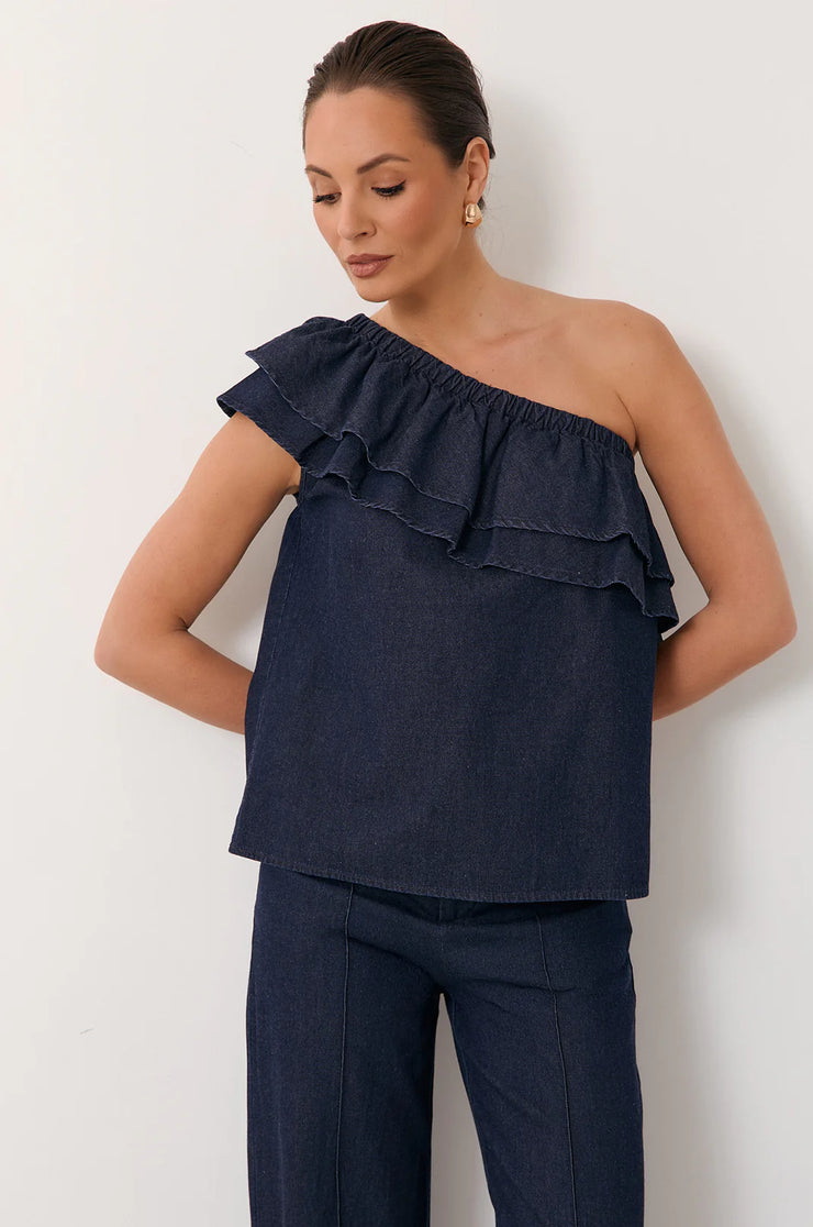 Pippa One Shoulder Light Weight Denim Top - Denim