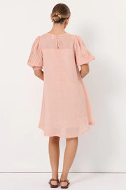 Perrie A-Line Ramie Puff Sleeve Dress - Peach