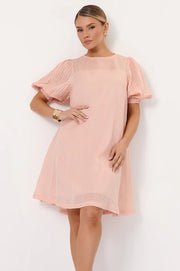 Perrie A-Line Ramie Puff Sleeve Dress - Peach