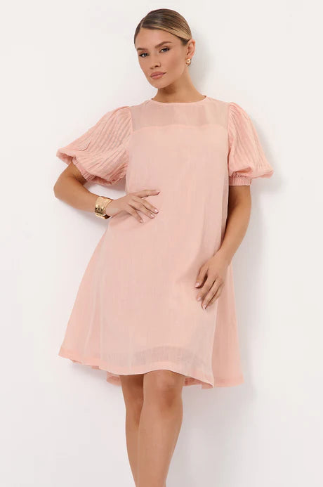 Perrie A-Line Ramie Puff Sleeve Dress - Peach