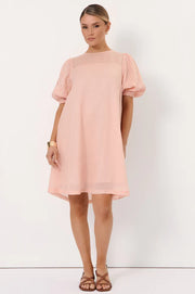 Perrie A-Line Ramie Puff Sleeve Dress - Peach