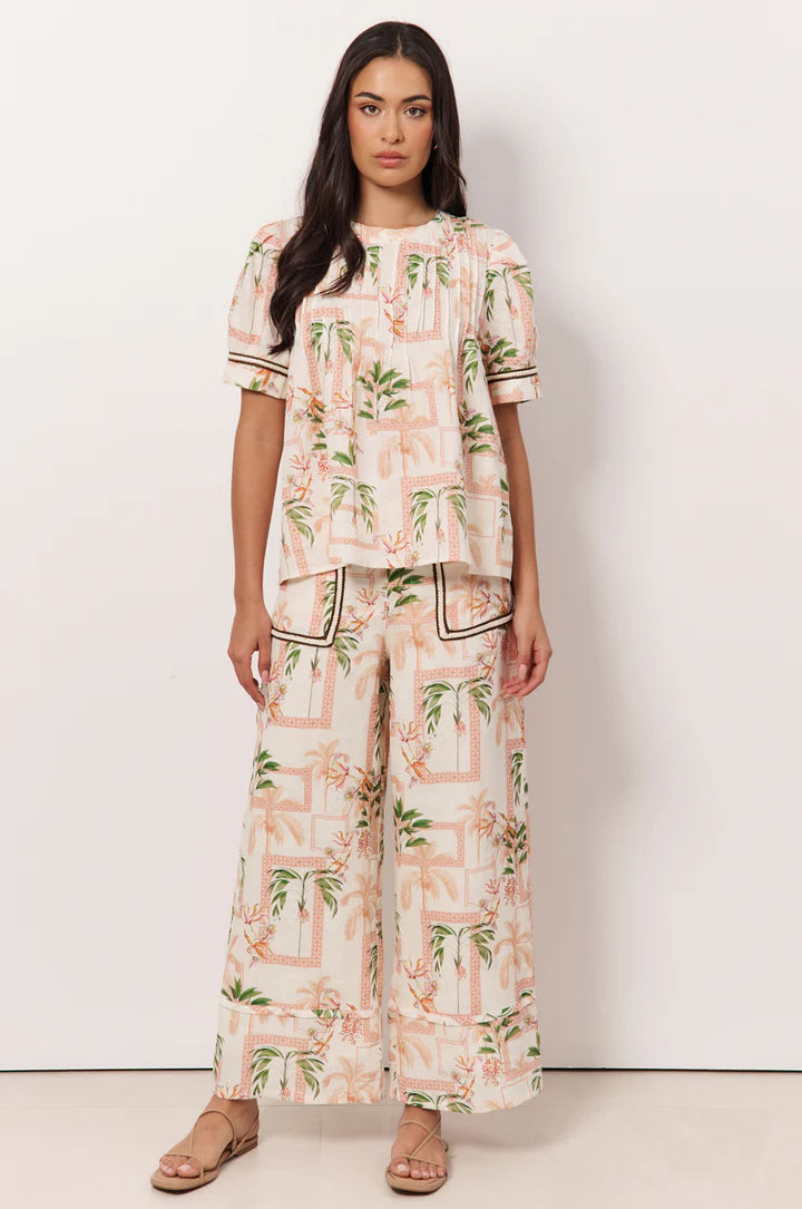 Pearl Pintuck Linen Top - Print
