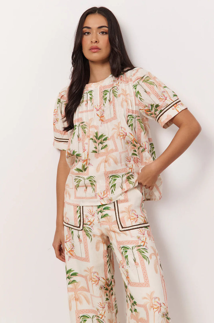 Pearl Pintuck Linen Top - Print