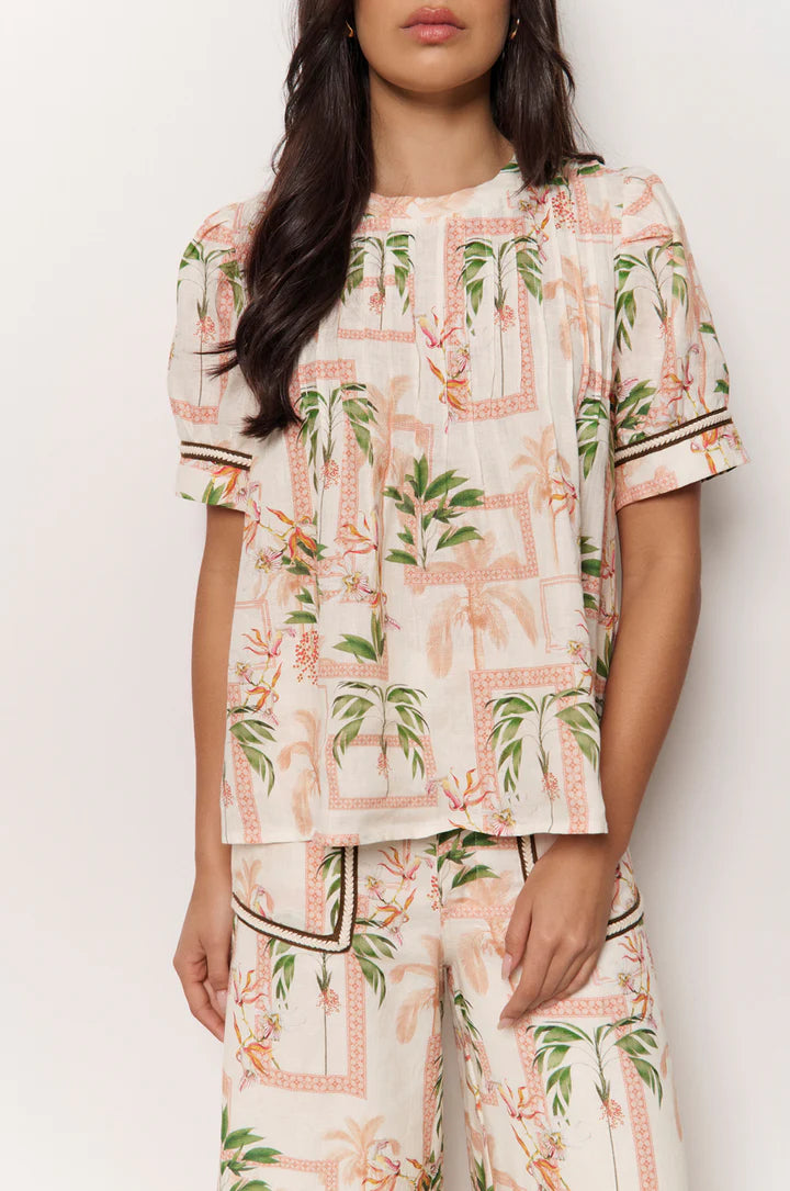 Pearl Pintuck Linen Top - Print