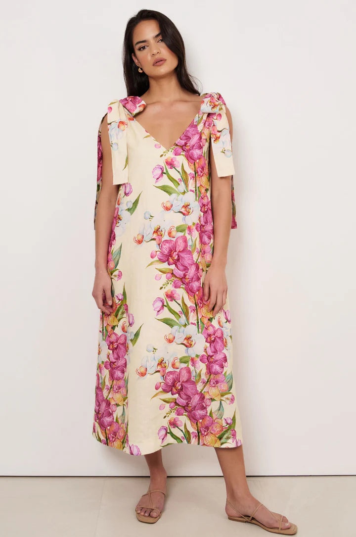 Hallie Tie Shoulder Linen Dress - Floral