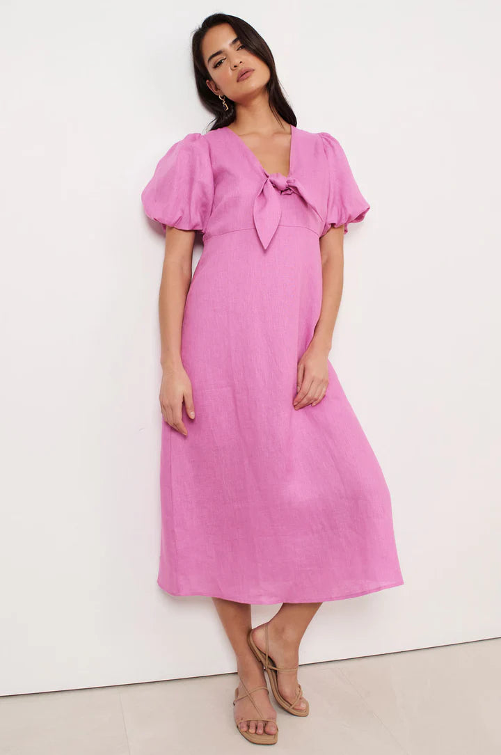 Marissa Tie Detail Linen Dress - Pink