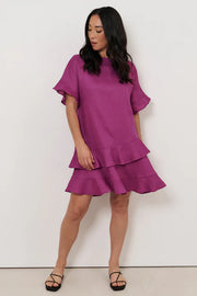 Aster Frill Linen Short Dress - Magenta