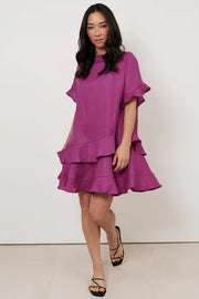 Aster Frill Linen Short Dress - Magenta