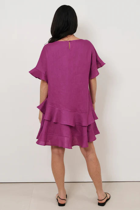 Aster Frill Linen Short Dress - Magenta