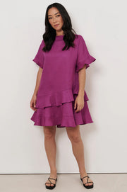 Aster Frill Linen Short Dress - Magenta